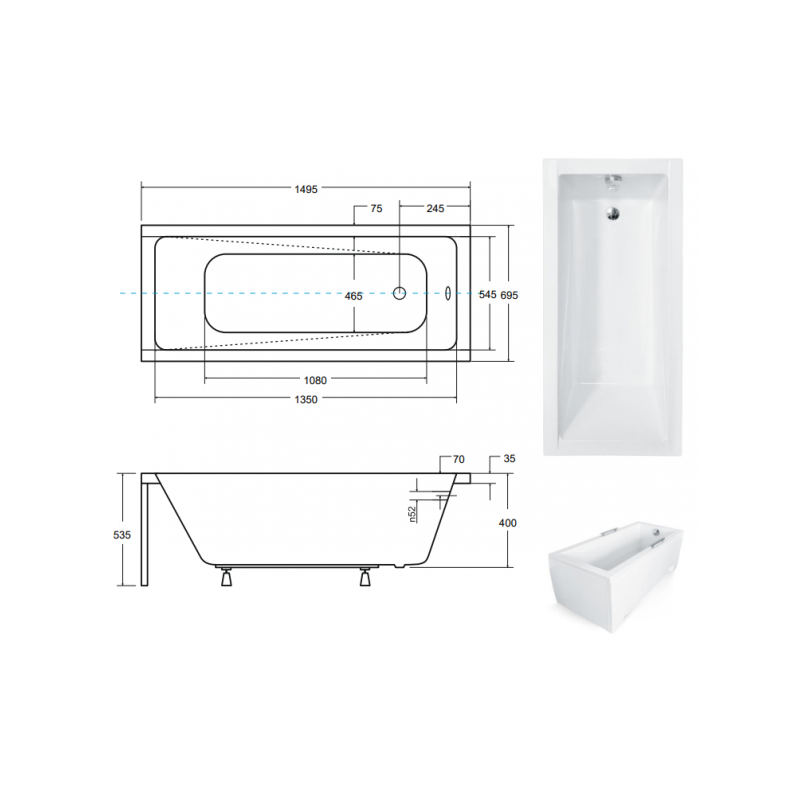 Besco wanna prostokątna Modern 150x70 z zabudową LED, syfonem i nóżkami