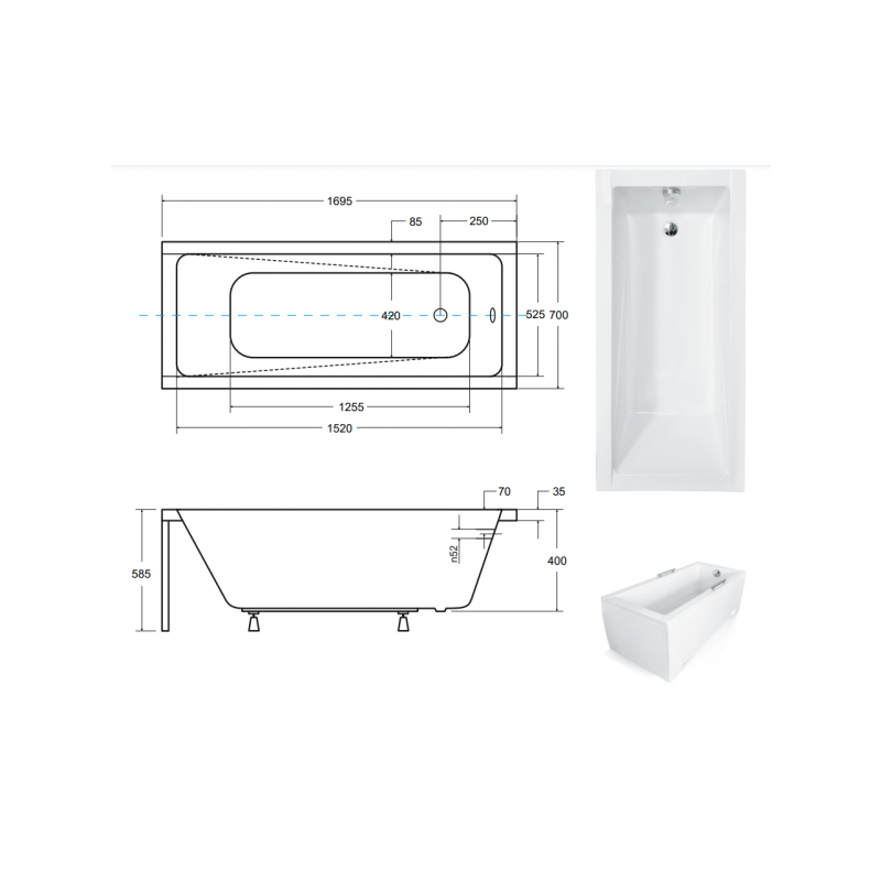 Besco wanna prostokątna Modern 170x70 z zabudową LED, syfonem i nóżkami