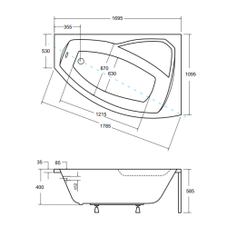 Besco wanna asymetryczna Rima prawa 170x110 z czarną obudową, syfonem chrom i nóżkami