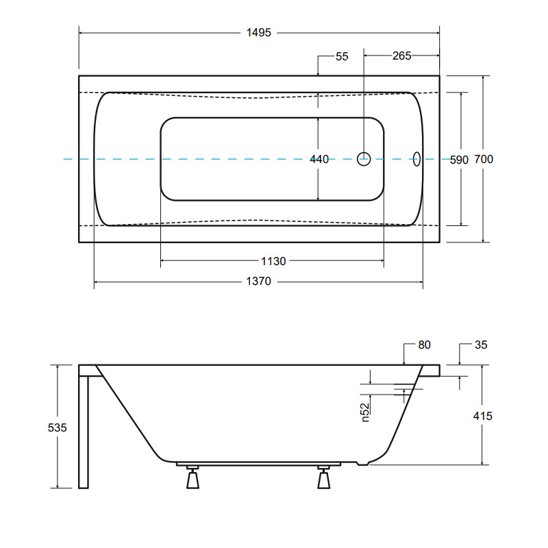 Besco wanna prostokątna Optima 150x70 z białą obudową, syfonem i nóżkami