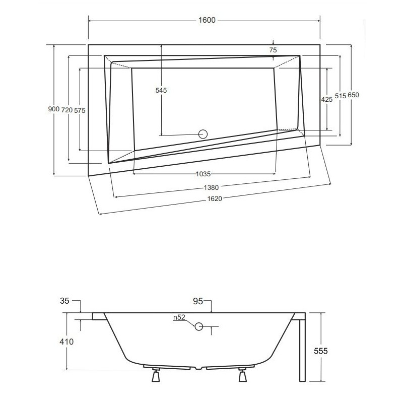 Wanna Asymetryczna INTIMA 160x90 Lewa z Stelażem