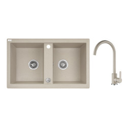 Granitowy zlewozmywak 2-komorowy 44x78 cm BARBADOS Beige + stylowa bateria SBBA420T