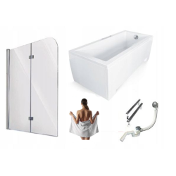 Besco wanna prostokątna Modern 150x70 z białą obudową, parawanem, syfonem i nóżkami