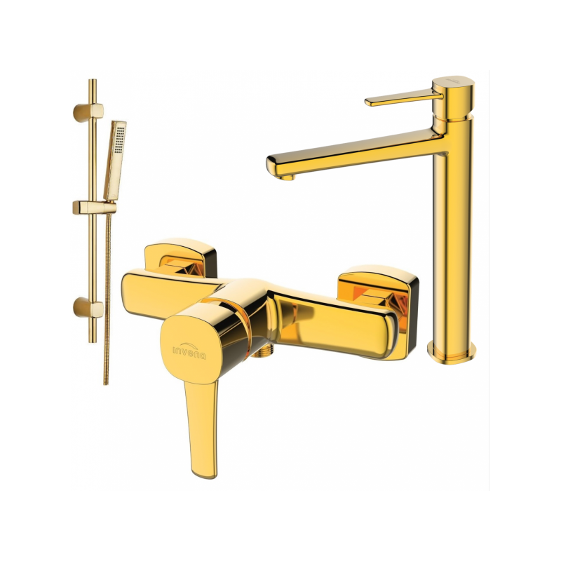 Invena bateria prysznicowa ścienna Glamour, Invena bateria prysznicowa Glamour i Laveo zestaw natyskowy Pola złoto