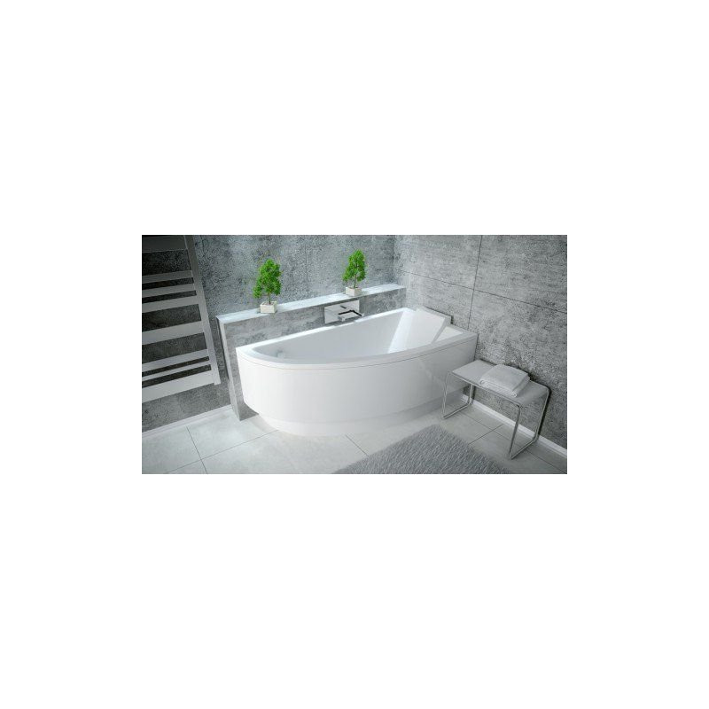 Besco wanna asymetryczna Praktika prawa 150x70 z białą obudową, parawanem i syfonem