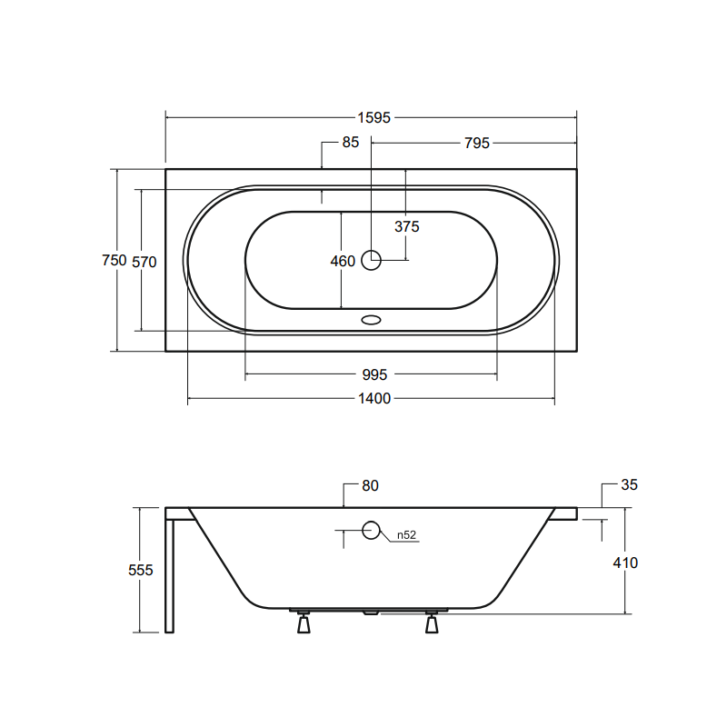 BESCO Wanna prostokątna Vitae 160x75 z czarna obudową. syfonem i nóżkami