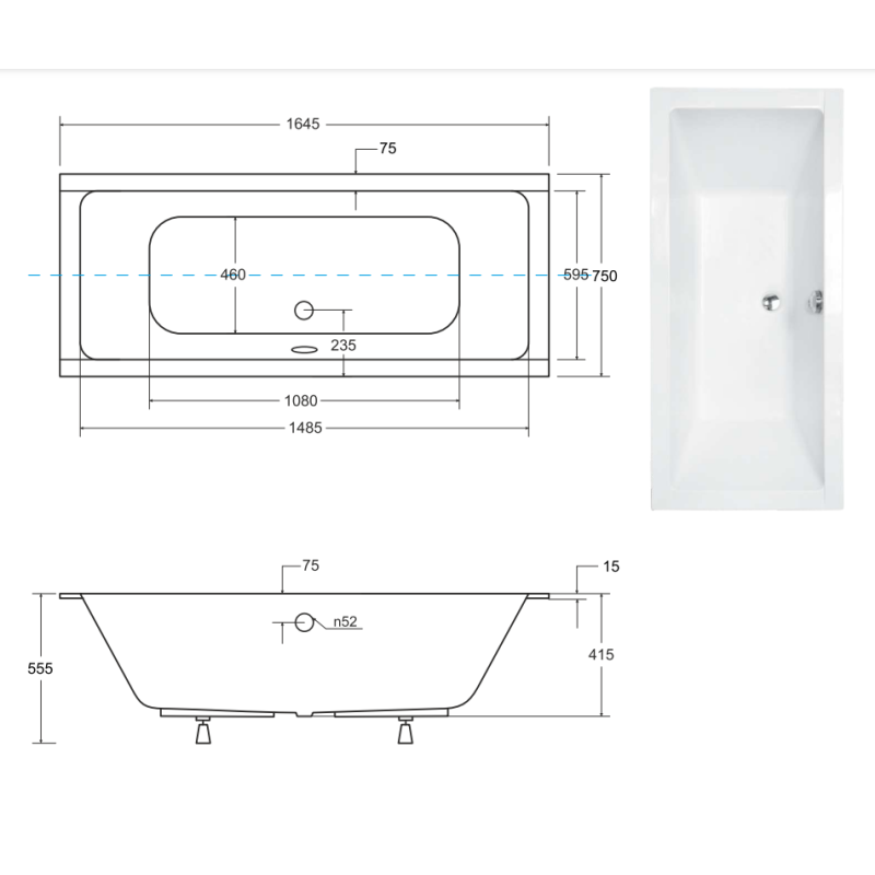 Besco wanna prostokątna Quadro Slim 165x75 cm z syfonem i nóżkami