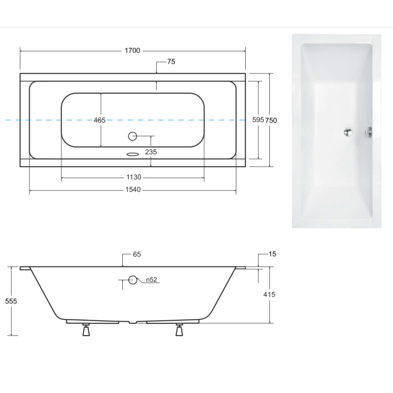 Besco wanna prostokątna Quadro Slim 170x75 z syfonem i nóżkami