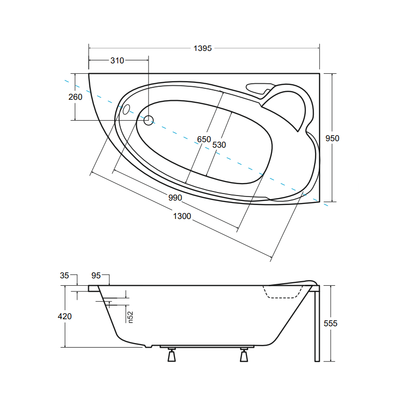 Besco wanna asymetryczna Finezja Nova prawa 140x95 z białą obudową, syfonem i nóżkami