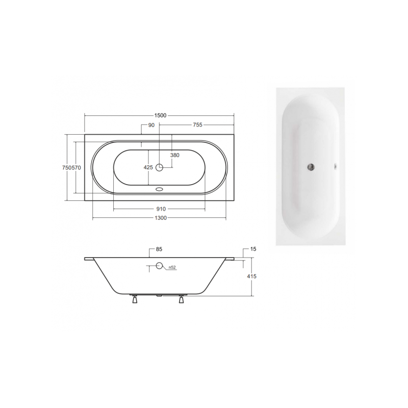 Besco wanna prostokątna Vitae Slim 150x75 z syfonem i nóżkami