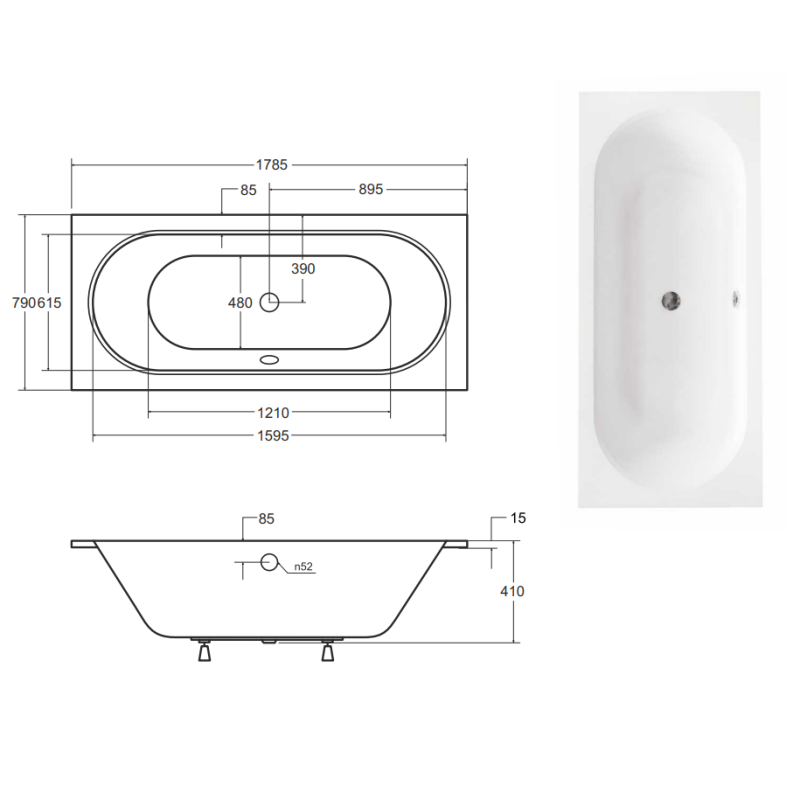 Besco wanna prostokątna Vitae Slim 180x80 z syfonem i nóżkami