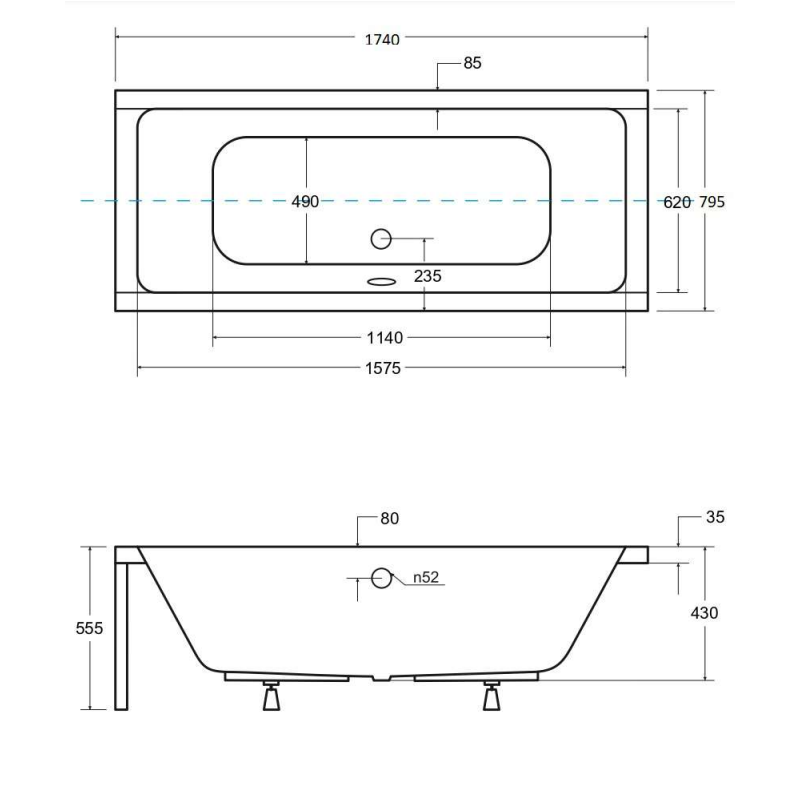 Besco wanna prostokątna Quadro 175x80 z syfonem chrom i nóżkami