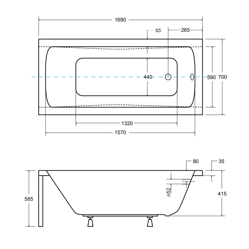 Besco wanna prostokątna Optima 170x70 cm z syfonem i nóżkami