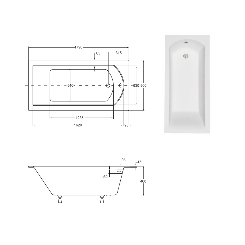 Besco wanna prostokątna Shea Slim 180x80 z syfonem i nóżkami