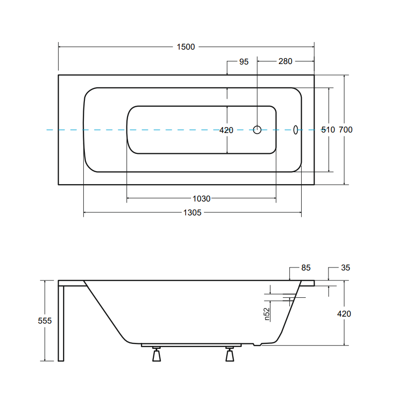 Besco wanna prostokątna Talia 150x70 z syfonem i nóżkami