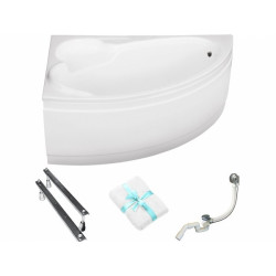 Besco wanna asymetryczna Bianka lewa 150x95 z białą obudową, syfonem i nóżkami