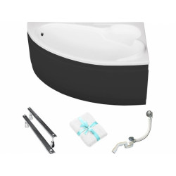 Besco wanna asymetryczna Bianka prawa 150x95 z czarną obudową, syfonem i nóżkami