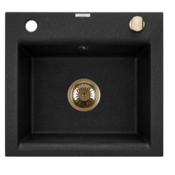 Elegancki Zlewozmywak Granitowy 1-komorowy 48x44 Tesalia Czarny ze Złotym Syfonem