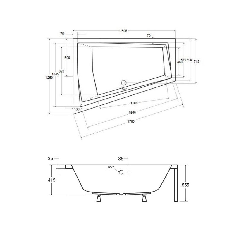 Besco wanna asymetryczna Intima Duo lewa 170x125 z czarną obudową, syfonem i nóżkami