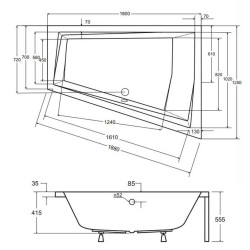 Besco wanna asymetryczna Intima Duo prawa 180x125 z czarną obudową, syfonem i nóżkami