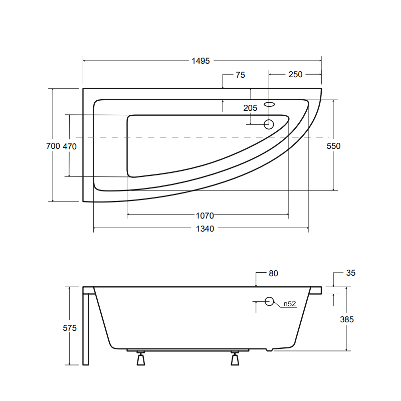 Besco wanna asymetryczna Praktika lewa 150x70 z czarną obudową, syfonem i nóżkami