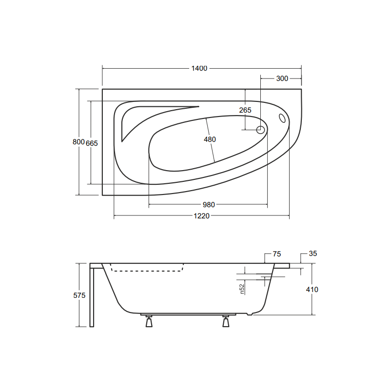 Besco wanna asymetryczna Cornea lewa 140x80 z białą obudową, syfonem i nóżkami