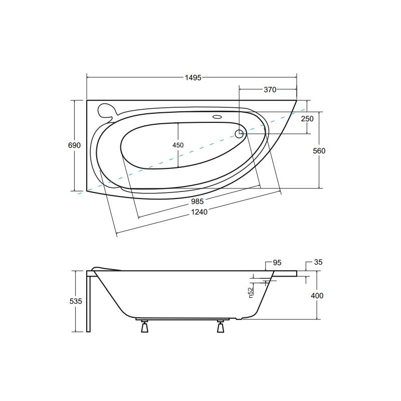 Besco wanna asymetryczna Mini lewa 150x70 z białą obudową, syfonem i nóżkami