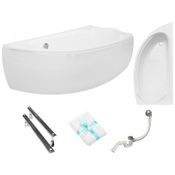 Besco wanna asymetryczna Mini prawa 150x70 z białą obudową, syfonem chrom i nóżkami