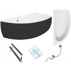 Besco wanna asymetryczna Mini prawa 150x70 z czarną obudową, syfonem i nóżkami