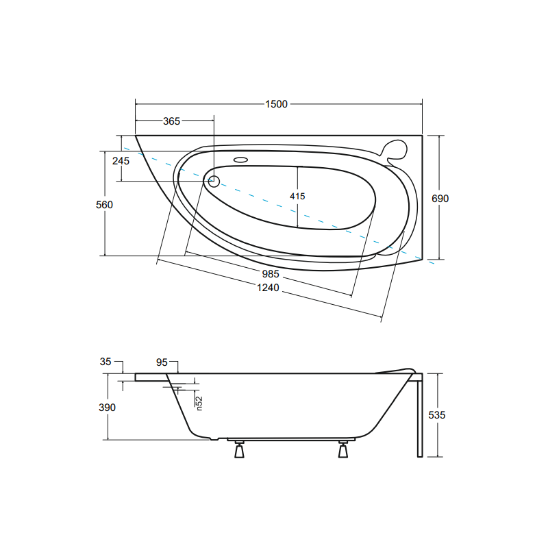 Besco wanna asymetryczna Mini prawa 150x70 z czarną obudową, syfonem i nóżkami