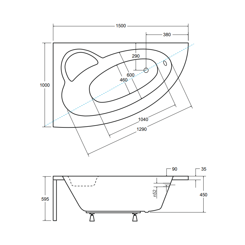 Besco wanna asymetryczna Natalia lewa 150x100 z syfonem i nóżkami