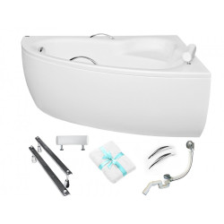 Besco wanna asymetryczna Natalia Premium prawa 150x100 z białą obudową, syfonem i nóżkami