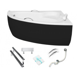 Besco wanna asymetryczna Natalia Premium prawa 150x100 z czarną obudową, syfonem i nóżkami