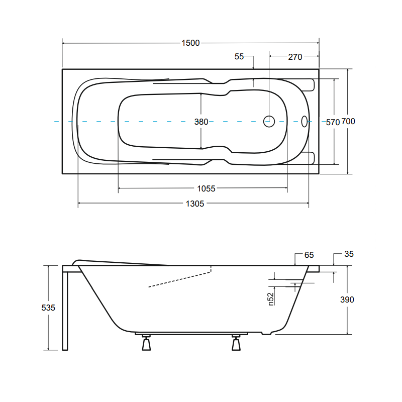 Besco wanna prostokątna Majka Nova 150x70 z białą ryflowaną obudową, syfonem i nóżkami