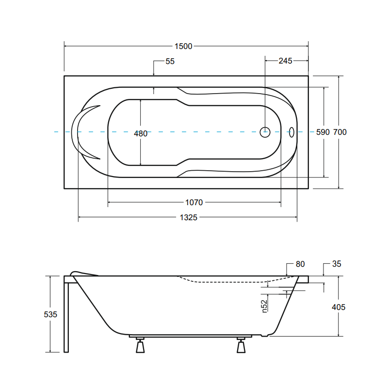 Besco wanna prostokątna Bona 150x70 z białą ryflowaną obudową, syfonem i nóżkami