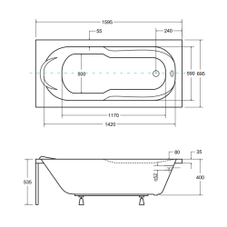 Besco wanna prostokątna Bona 160x70 z białą ryflowaną obudową, syfonem i nóżkami