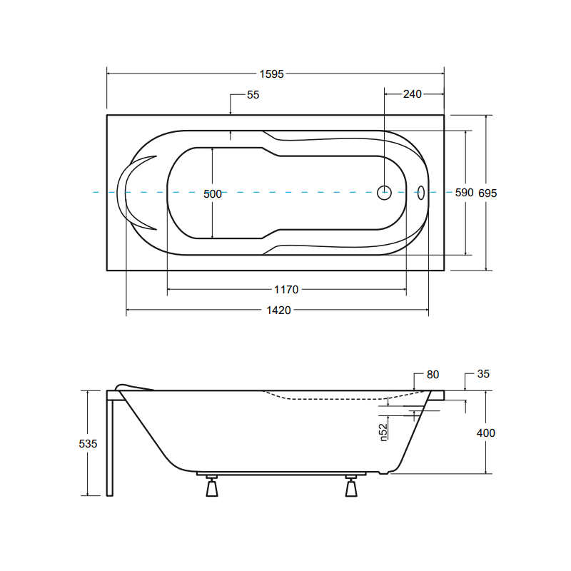 Besco wanna prostokątna Bona 160x70 z białą ryflowaną obudową, syfonem i nóżkami