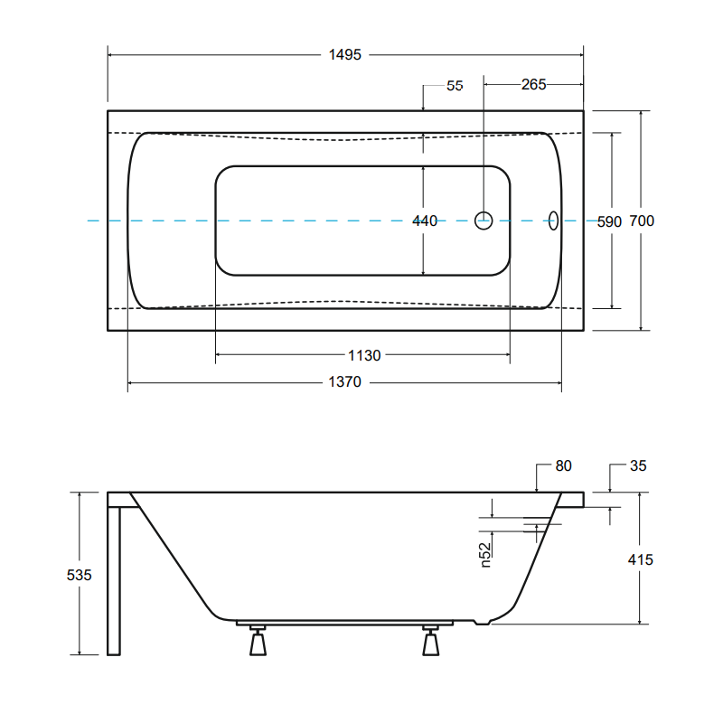 Besco wanna prostokątna Optima 150x70 z białą ryflowaną obudową, syfonem i nóżkami