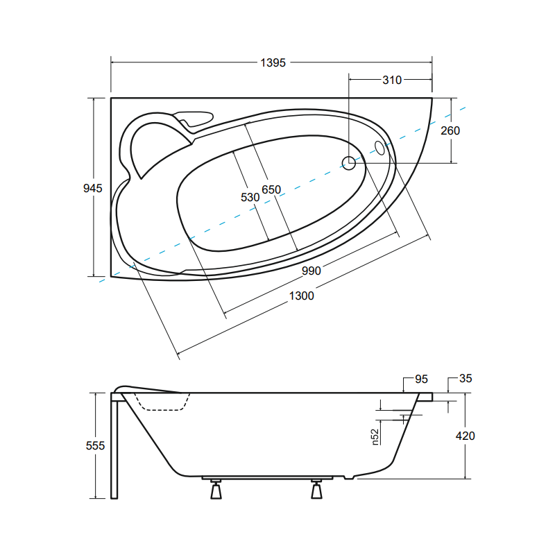 Besco wanna asymetryczna Finezja Nova lewa 140x95 z białą obudową, syfonem i nóżkami