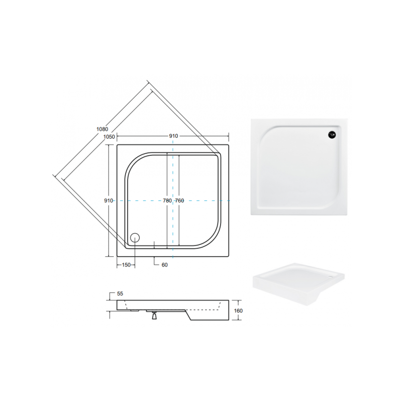 Besco brodzik kwadratowy Oskar czarny kamień 80x80 z syfonem