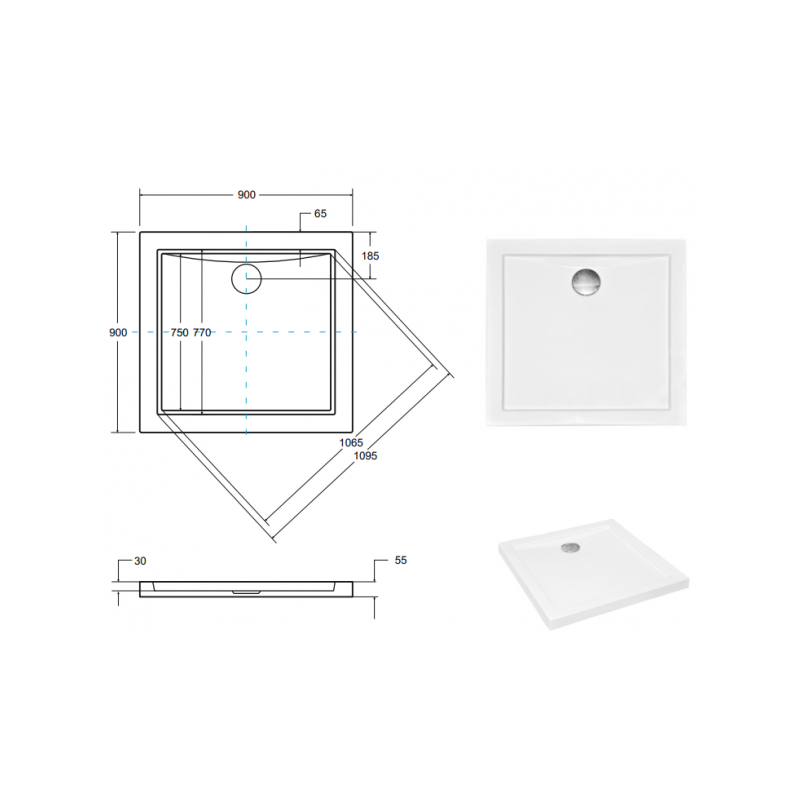 Besco brodzik kwadratowy Aquarius czarny kamień 90x90 z syfonem