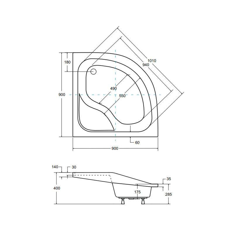 Besco brodzik półokrągły Oliver 90x90 z białą obudową i syfonem