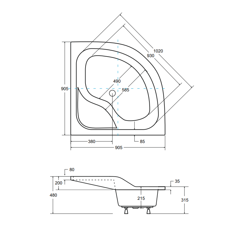 Besco brodzik półokrągły Oliver II 90x90 z białą obudową i syfonem
