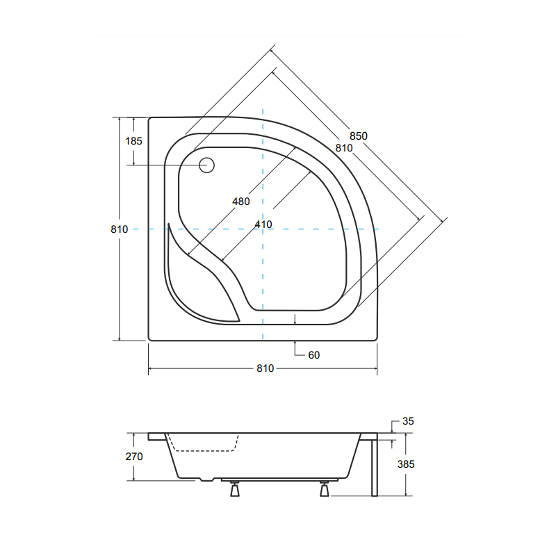 Besco brodzik półokrągły Diper I 80x80 z białą obudową i syfonem