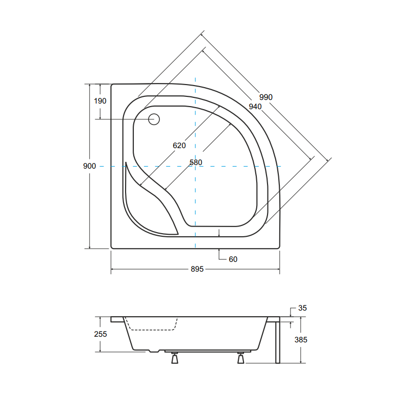 Besco brodzik półokrągły Diper I 90x90 z białą obudową i syfonem