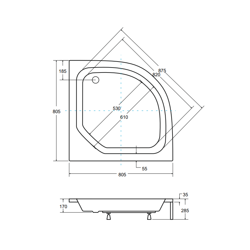 Besco brodzik półokrągły Diper II 80x80 z białą obudową i syfonem