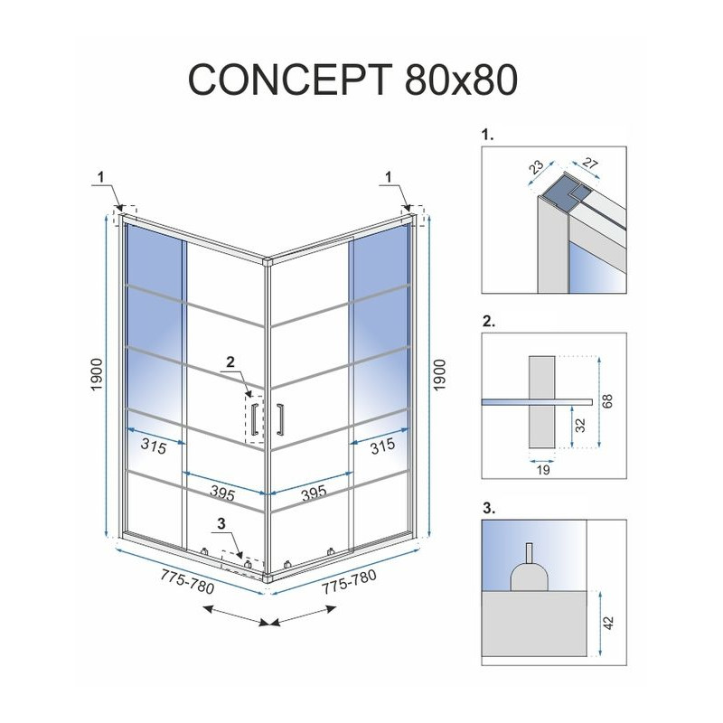 Rea kabina bez brodzika 80x80x190 szkło transparent Concept Black