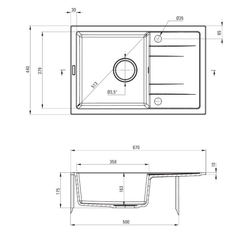 Deante zlewozmywak Corio grafit granit 1k z/o 670x440x175, 3,5 + bateria z wylewką u grafit + zaślepka otworu