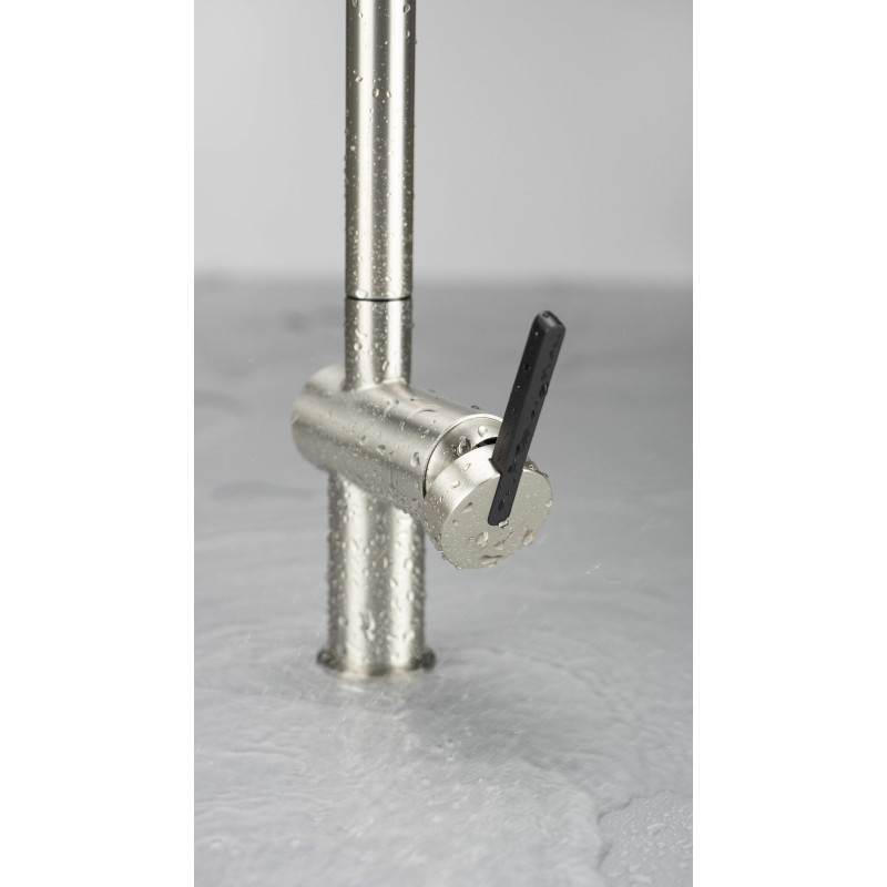 Deante bateria Momi stal szczotkowana z prostokątną wyciąganą wylewką "u"