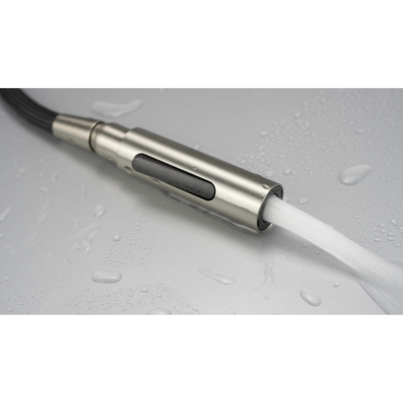 Deante bateria Momi stal szczotkowana z prostokątną wyciąganą wylewką "u"